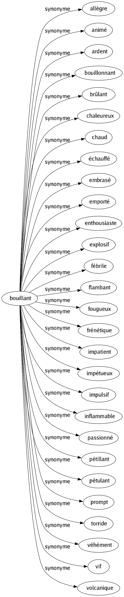 Synonyme de Bouillant : Allègre Animé Ardent Bouillonnant Brûlant Chaleureux Chaud Échauffé Embrasé Emporté Enthousiaste Explosif Fébrile Flambant Fougueux Frénétique Impatient Impétueux Impulsif Inflammable Passionné Pétillant Pétulant Prompt Torride Véhément Vif Volcanique 