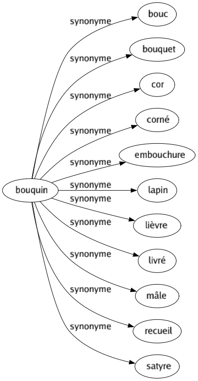 Synonyme de Bouquin : Bouc Bouquet Cor Corné Embouchure Lapin Lièvre Livré Mâle Recueil Satyre 