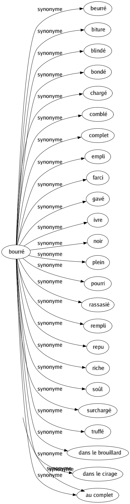 Synonyme de Bourré : Beurré Biture Blindé Bondé Chargé Comblé Complet Empli Farci Gavé Ivre Noir Plein Pourri Rassasié Rempli Repu Riche Soûl Surchargé Truffé Dans le brouillard Dans le cirage Au complet 