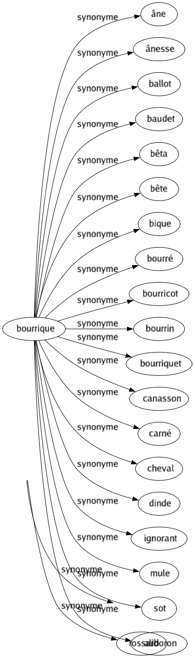 Synonyme de Bourrique : Âne Ânesse Ballot Baudet Bêta Bête Bique Bourré Bourricot Bourrin Bourriquet Canasson Carné Cheval Dinde Ignorant Mule Sot Aliboron 