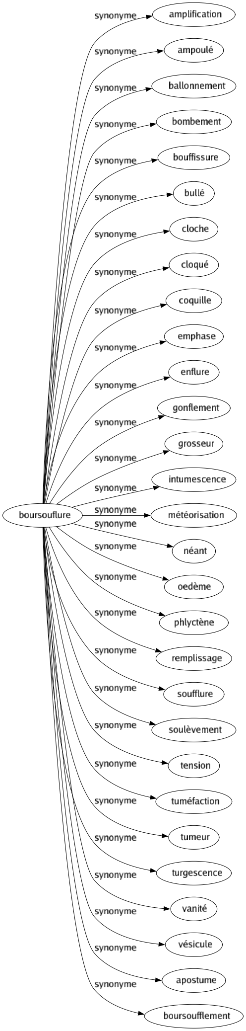 Synonyme de Boursouflure : Amplification Ampoulé Ballonnement Bombement Bouffissure Bullé Cloche Cloqué Coquille Emphase Enflure Gonflement Grosseur Intumescence Météorisation Néant Oedème Phlyctène Remplissage Soufflure Soulèvement Tension Tuméfaction Tumeur Turgescence Vanité Vésicule Apostume Boursoufflement 