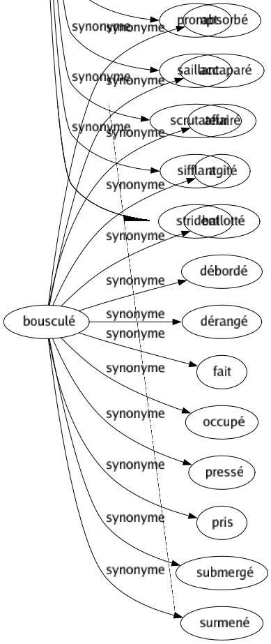 Synonyme de Bousculé : Absorbé Accaparé Affairé Agité Ballotté Débordé Dérangé Fait Occupé Pressé Pris Submergé Surmené 