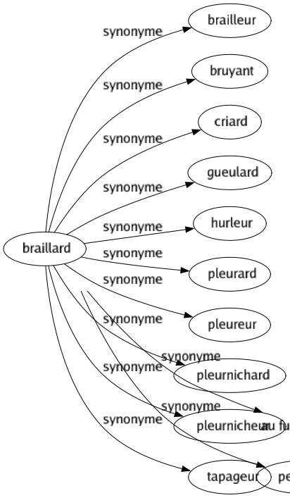 Synonyme de Braillard : Brailleur Bruyant Criard Gueulard Hurleur Pleurard Pleureur Pleurnichard Pleurnicheur Tapageur 