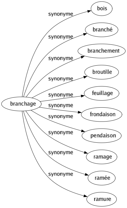 Synonyme de Branchage : Bois Branché Branchement Broutille Feuillage Frondaison Pendaison Ramage Ramée Ramure 