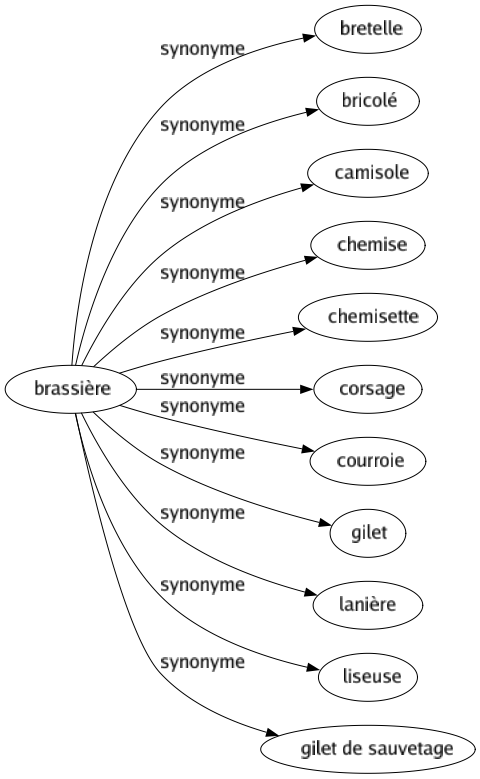 Synonyme de Brassière : Bretelle Bricolé Camisole Chemise Chemisette Corsage Courroie Gilet Lanière Liseuse Gilet de sauvetage 