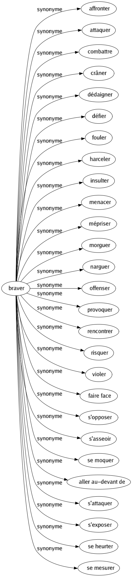 Synonyme de Braver : Affronter Attaquer Combattre Crâner Dédaigner Défier Fouler Harceler Insulter Menacer Mépriser Morguer Narguer Offenser Provoquer Rencontrer Risquer Violer Faire face S'opposer S'asseoir Se moquer Aller au-devant de S'attaquer S'exposer Se heurter Se mesurer 