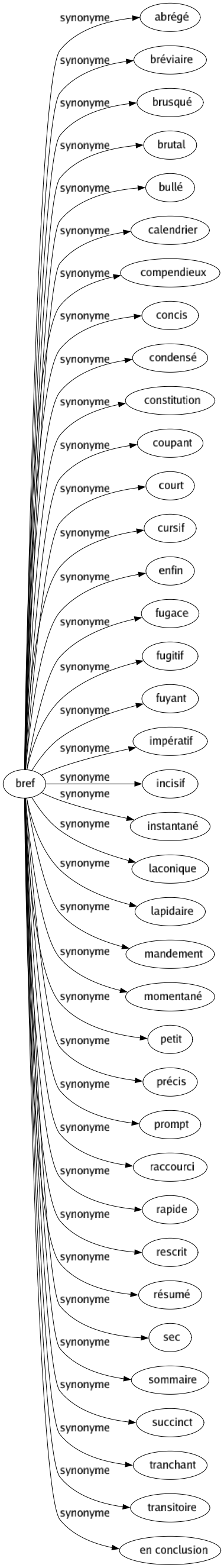 Synonyme de Bref : Abrégé Bréviaire Brusqué Brutal Bullé Calendrier Compendieux Concis Condensé Constitution Coupant Court Cursif Enfin Fugace Fugitif Fuyant Impératif Incisif Instantané Laconique Lapidaire Mandement Momentané Petit Précis Prompt Raccourci Rapide Rescrit Résumé Sec Sommaire Succinct Tranchant Transitoire En conclusion 