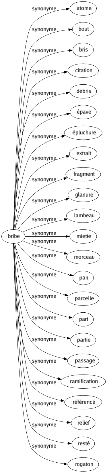Synonyme de Bribe : Atome Bout Bris Citation Débris Épave Épluchure Extrait Fragment Glanure Lambeau Miette Morceau Pan Parcelle Part Partie Passage Ramification Référencé Relief Resté Rogaton 