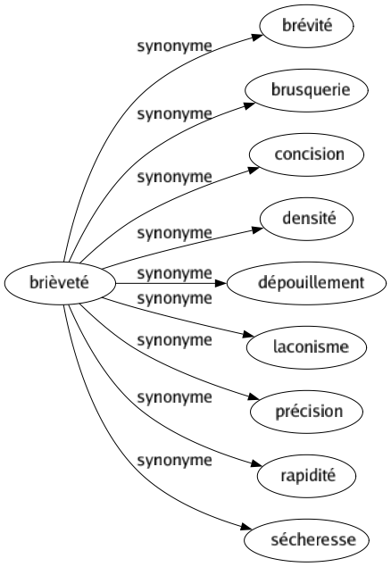 Synonyme de Brièveté : Brévité Brusquerie Concision Densité Dépouillement Laconisme Précision Rapidité Sécheresse 