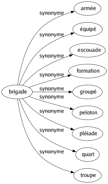Synonyme de Brigade : Armée Équipé Escouade Formation Groupé Peloton Pléiade Quart Troupe 
