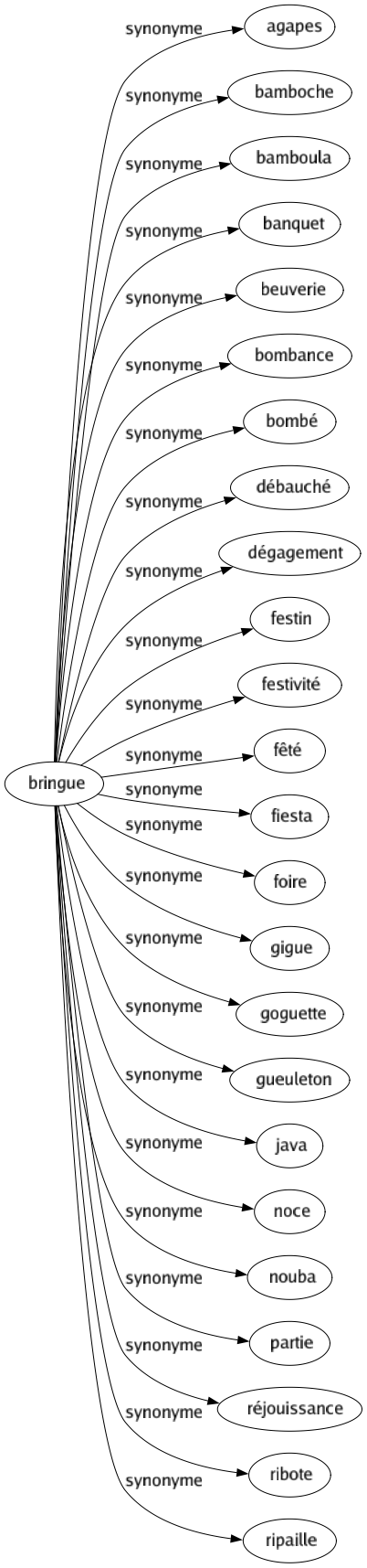 Synonyme de Bringue : Agapes Bamboche Bamboula Banquet Beuverie Bombance Bombé Débauché Dégagement Festin Festivité Fêté Fiesta Foire Gigue Goguette Gueuleton Java Noce Nouba Partie Réjouissance Ribote Ripaille 