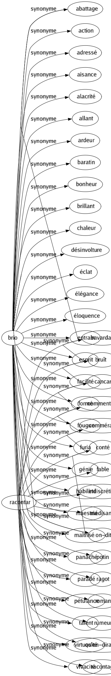 Synonyme de Brio : Abattage Action Adressé Aisance Alacrité Allant Ardeur Baratin Bonheur Brillant Chaleur Désinvolture Éclat Élégance Éloquence Entrain Esprit Facilité Formé Fougue Furia Génie Habileté Maestria Maîtrisé Panaché Paradé Pétulance Talent Virtuosité Vivacité 