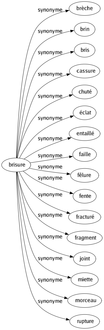 Synonyme de Brisure : Brèche Brin Bris Cassure Chuté Éclat Entaillé Faille Fêlure Fente Fracturé Fragment Joint Miette Morceau Rupture 