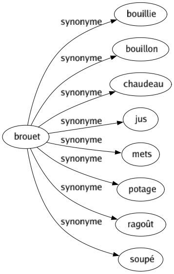 Synonyme de Brouet : Bouillie Bouillon Chaudeau Jus Mets Potage Ragoût Soupé 