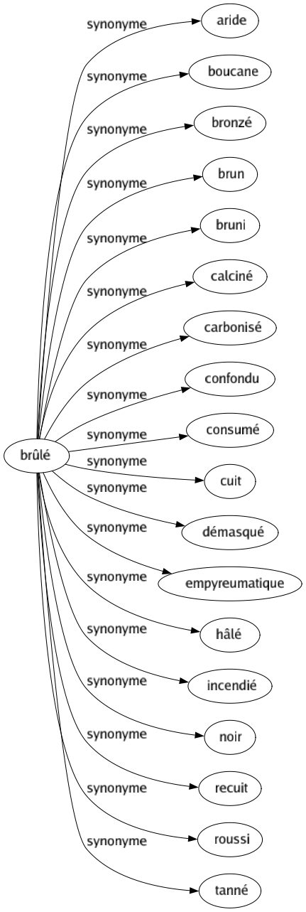 Synonyme de Brûlé : Aride Boucane Bronzé Brun Bruni Calciné Carbonisé Confondu Consumé Cuit Démasqué Empyreumatique Hâlé Incendié Noir Recuit Roussi Tanné 