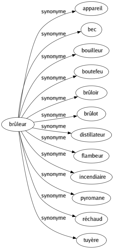 Synonyme de Brûleur : Appareil Bec Bouilleur Boutefeu Brûloir Brûlot Distillateur Flambeur Incendiaire Pyromane Réchaud Tuyère 