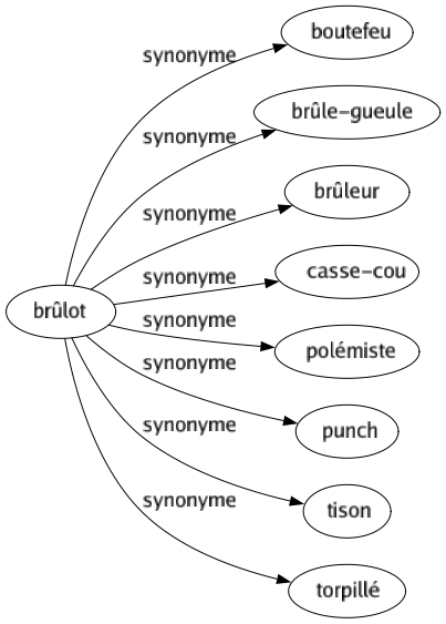 Synonyme de Brûlot : Boutefeu Brûle-gueule Brûleur Casse-cou Polémiste Punch Tison Torpillé 