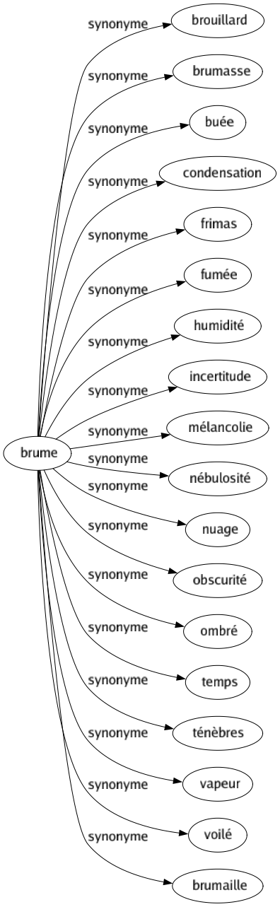 Synonyme de Brume : Brouillard Brumasse Buée Condensation Frimas Fumée Humidité Incertitude Mélancolie Nébulosité Nuage Obscurité Ombré Temps Ténèbres Vapeur Voilé Brumaille 
