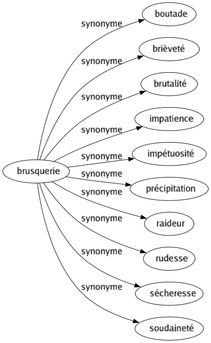 Synonyme de Brusquerie : Boutade Brièveté Brutalité Impatience Impétuosité Précipitation Raideur Rudesse Sécheresse Soudaineté 