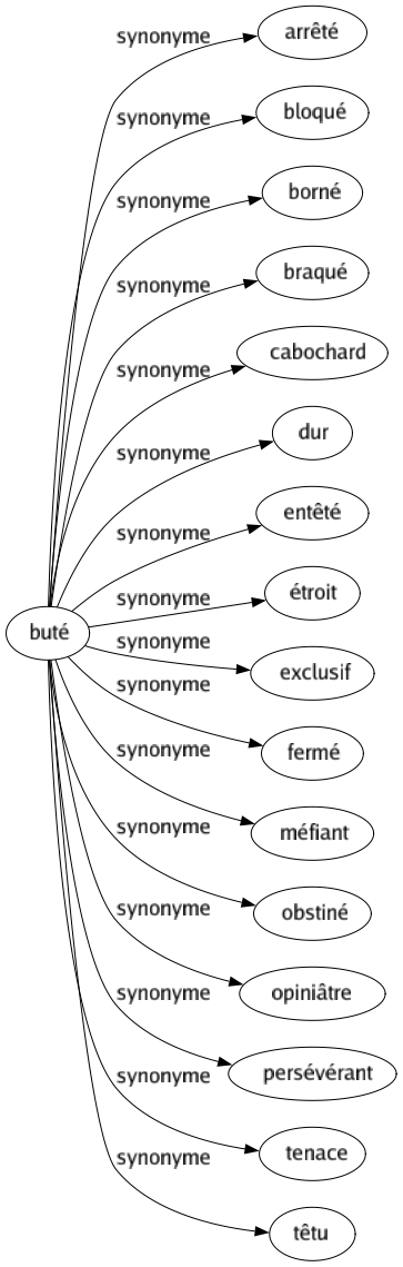Synonyme de Buté : Arrêté Bloqué Borné Braqué Cabochard Dur Entêté Étroit Exclusif Fermé Méfiant Obstiné Opiniâtre Persévérant Tenace Têtu 