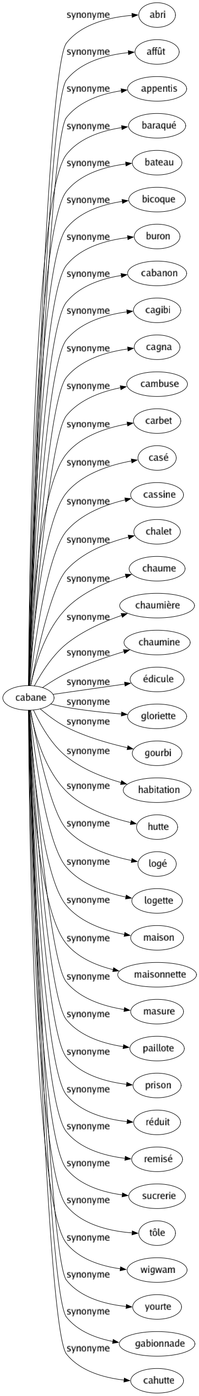 Synonyme de Cabane : Abri Affût Appentis Baraqué Bateau Bicoque Buron Cabanon Cagibi Cagna Cambuse Carbet Casé Cassine Chalet Chaume Chaumière Chaumine Édicule Gloriette Gourbi Habitation Hutte Logé Logette Maison Maisonnette Masure Paillote Prison Réduit Remisé Sucrerie Tôle Wigwam Yourte Gabionnade Cahutte 