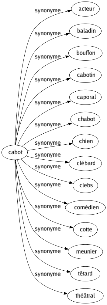 Synonyme de Cabot : Acteur Baladin Bouffon Cabotin Caporal Chabot Chien Clébard Clebs Comédien Cotte Meunier Têtard Théâtral 