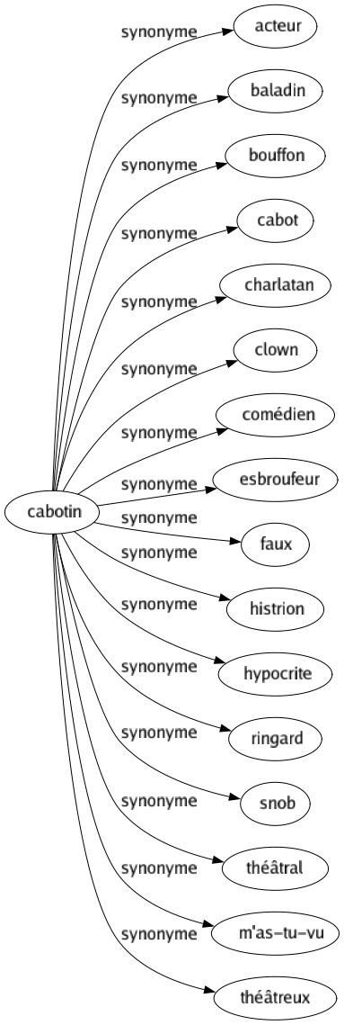 Synonyme de Cabotin : Acteur Baladin Bouffon Cabot Charlatan Clown Comédien Esbroufeur Faux Histrion Hypocrite Ringard Snob Théâtral M'as-tu-vu Théâtreux 