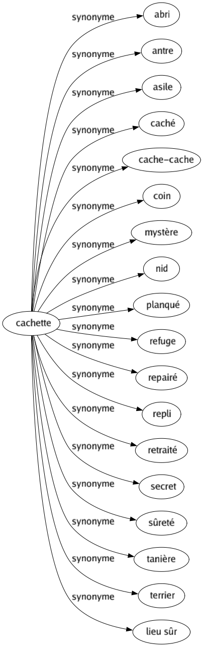 Synonyme de Cachette : Abri Antre Asile Caché Cache-cache Coin Mystère Nid Planqué Refuge Repairé Repli Retraité Secret Sûreté Tanière Terrier Lieu sûr 
