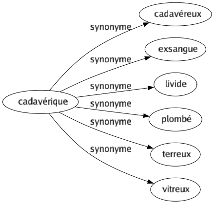 Synonyme de Cadavérique : Cadavéreux Exsangue Livide Plombé Terreux Vitreux 
