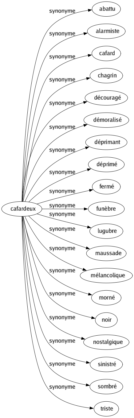 Synonyme de Cafardeux : Abattu Alarmiste Cafard Chagrin Découragé Démoralisé Déprimant Déprimé Fermé Funèbre Lugubre Maussade Mélancolique Morné Noir Nostalgique Sinistré Sombré Triste 