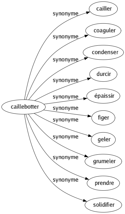 Synonyme de Caillebotter : Cailler Coaguler Condenser Durcir Épaissir Figer Geler Grumeler Prendre Solidifier 