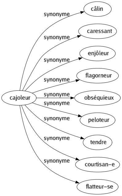 Synonyme de Cajoleur : Câlin Caressant Enjôleur Flagorneur Obséquieux Peloteur Tendre Courtisan-e Flatteur-se 