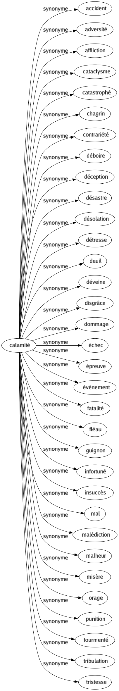 Synonyme de Calamité : Accident Adversité Affliction Cataclysme Catastrophé Chagrin Contrariété Déboire Déception Désastre Désolation Détresse Deuil Déveine Disgrâce Dommage Échec Épreuve Événement Fatalité Fléau Guignon Infortuné Insuccès Mal Malédiction Malheur Misère Orage Punition Tourmenté Tribulation Tristesse 