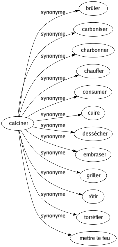 Synonyme de Calciner : Brûler Carboniser Charbonner Chauffer Consumer Cuire Dessécher Embraser Griller Rôtir Torréfier Mettre le feu 