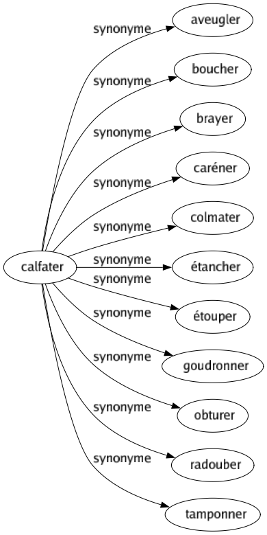 Synonyme de Calfater : Aveugler Boucher Brayer Caréner Colmater Étancher Étouper Goudronner Obturer Radouber Tamponner 