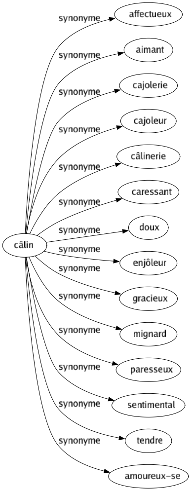 Synonyme de Câlin : Affectueux Aimant Cajolerie Cajoleur Câlinerie Caressant Doux Enjôleur Gracieux Mignard Paresseux Sentimental Tendre Amoureux-se 