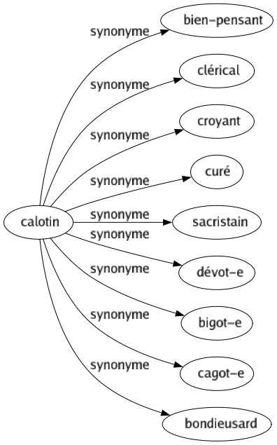 Synonyme de Calotin : Bien-pensant Clérical Croyant Curé Sacristain Dévot-e Bigot-e Cagot-e Bondieusard 