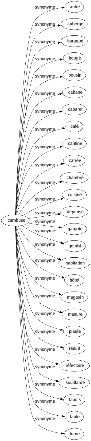 Synonyme de Cambuse : Antre Auberge Baraqué Bougé Bousin Cabane Cabaret Café Cantine Carrée Chambré Cuisiné Dépensé Gargote Gourbi Habitation Hôtel Magasin Masure Piaule Réduit Réfectoire Souillarde Taudis Taule Turne 
