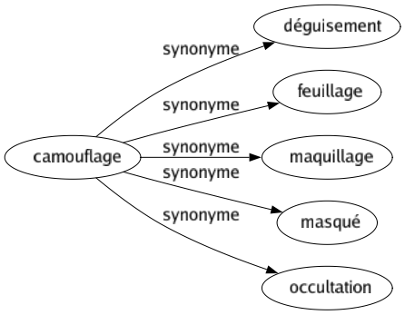 Synonyme de Camouflage : Déguisement Feuillage Maquillage Masqué Occultation 