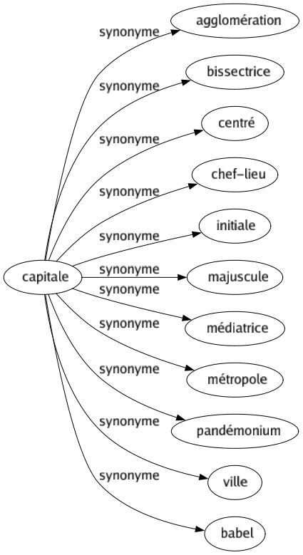 Synonyme de Capitale : Agglomération Bissectrice Centré Chef-lieu Initiale Majuscule Médiatrice Métropole Pandémonium Ville Babel 