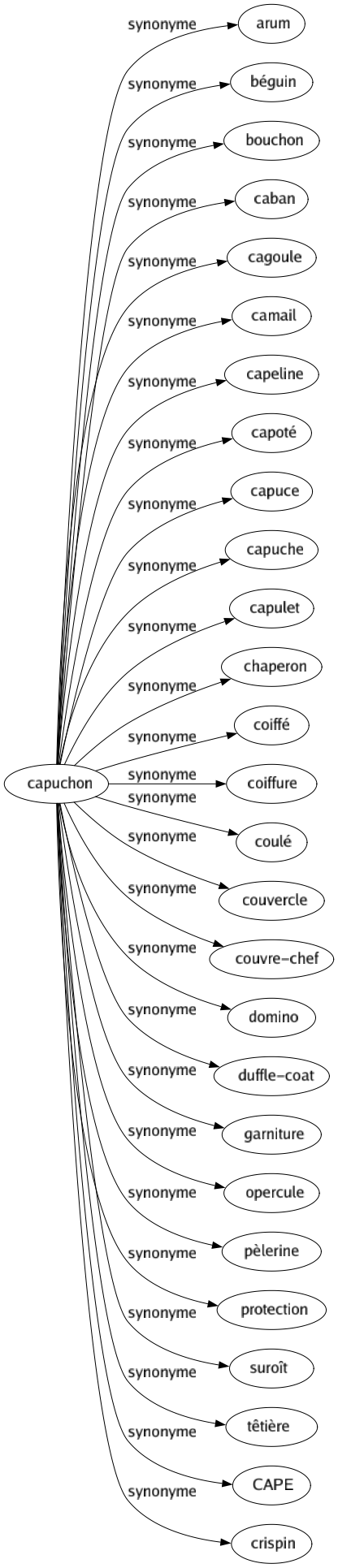 Synonyme de Capuchon : Arum Béguin Bouchon Caban Cagoule Camail Capeline Capoté Capuce Capuche Capulet Chaperon Coiffé Coiffure Coulé Couvercle Couvre-chef Domino Duffle-coat Garniture Opercule Pèlerine Protection Suroît Têtière Cape Crispin 