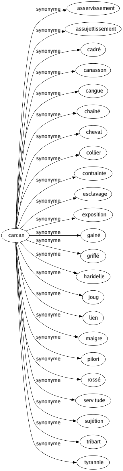 Synonyme de Carcan : Asservissement Assujettissement Cadré Canasson Cangue Chaîné Cheval Collier Contrainte Esclavage Exposition Gainé Griffé Haridelle Joug Lien Maigre Pilori Rossé Servitude Sujétion Tribart Tyrannie 