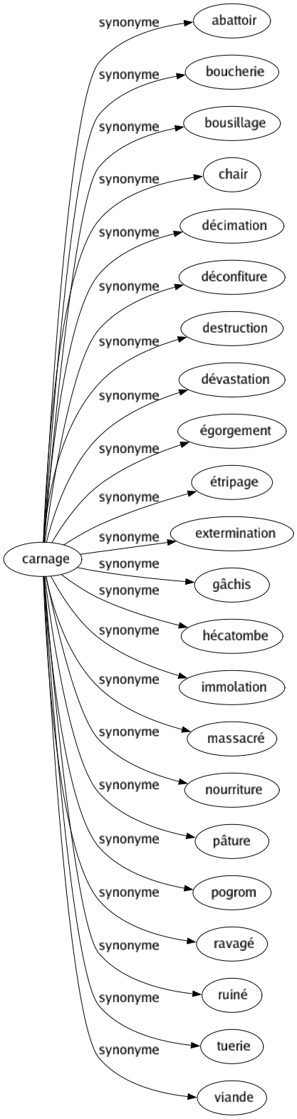 Synonyme de Carnage : Abattoir Boucherie Bousillage Chair Décimation Déconfiture Destruction Dévastation Égorgement Étripage Extermination Gâchis Hécatombe Immolation Massacré Nourriture Pâture Pogrom Ravagé Ruiné Tuerie Viande 