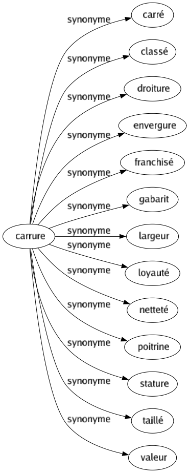 Synonyme de Carrure : Carré Classé Droiture Envergure Franchisé Gabarit Largeur Loyauté Netteté Poitrine Stature Taillé Valeur 
