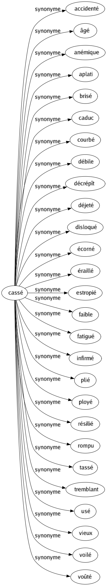 Synonyme de Cassé : Accidenté Âgé Anémique Aplati Brisé Caduc Courbé Débile Décrépît Déjeté Disloqué Écorné Éraillé Estropié Faible Fatigué Infirmé Plié Ployé Résilié Rompu Tassé Tremblant Usé Vieux Voilé Voûté 