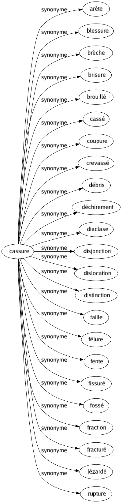 Synonyme de Cassure : Arête Blessure Brèche Brisure Brouillé Cassé Coupure Crevassé Débris Déchirement Diaclase Disjonction Dislocation Distinction Faille Fêlure Fente Fissuré Fossé Fraction Fracturé Lézardé Rupture 