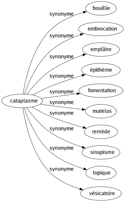 Synonyme de Cataplasme : Bouillie Embrocation Emplâtre Épithème Fomentation Matelas Remède Sinapisme Topique Vésicatoire 