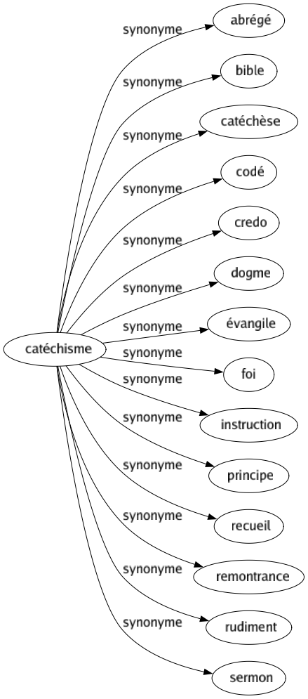 Synonyme de Catéchisme : Abrégé Bible Catéchèse Codé Credo Dogme Évangile Foi Instruction Principe Recueil Remontrance Rudiment Sermon 
