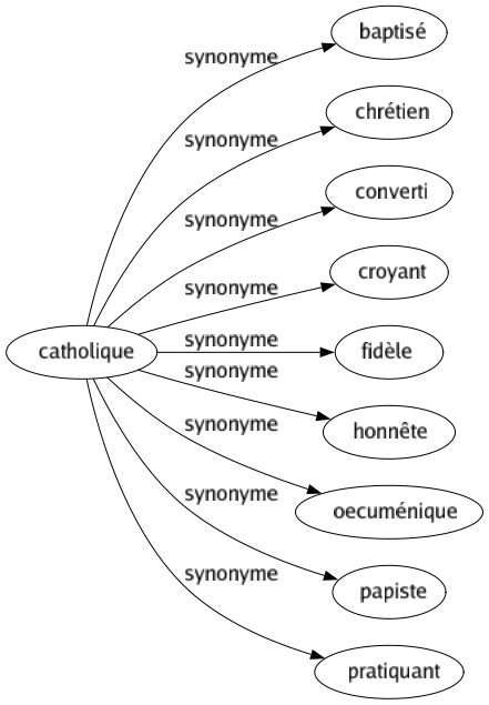 Synonyme de Catholique : Baptisé Chrétien Converti Croyant Fidèle Honnête Oecuménique Papiste Pratiquant 