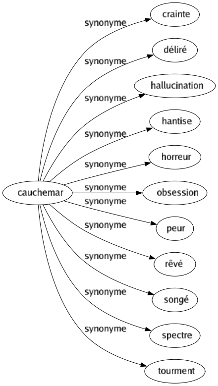 Synonyme de Cauchemar : Crainte Déliré Hallucination Hantise Horreur Obsession Peur Rêvé Songé Spectre Tourment 